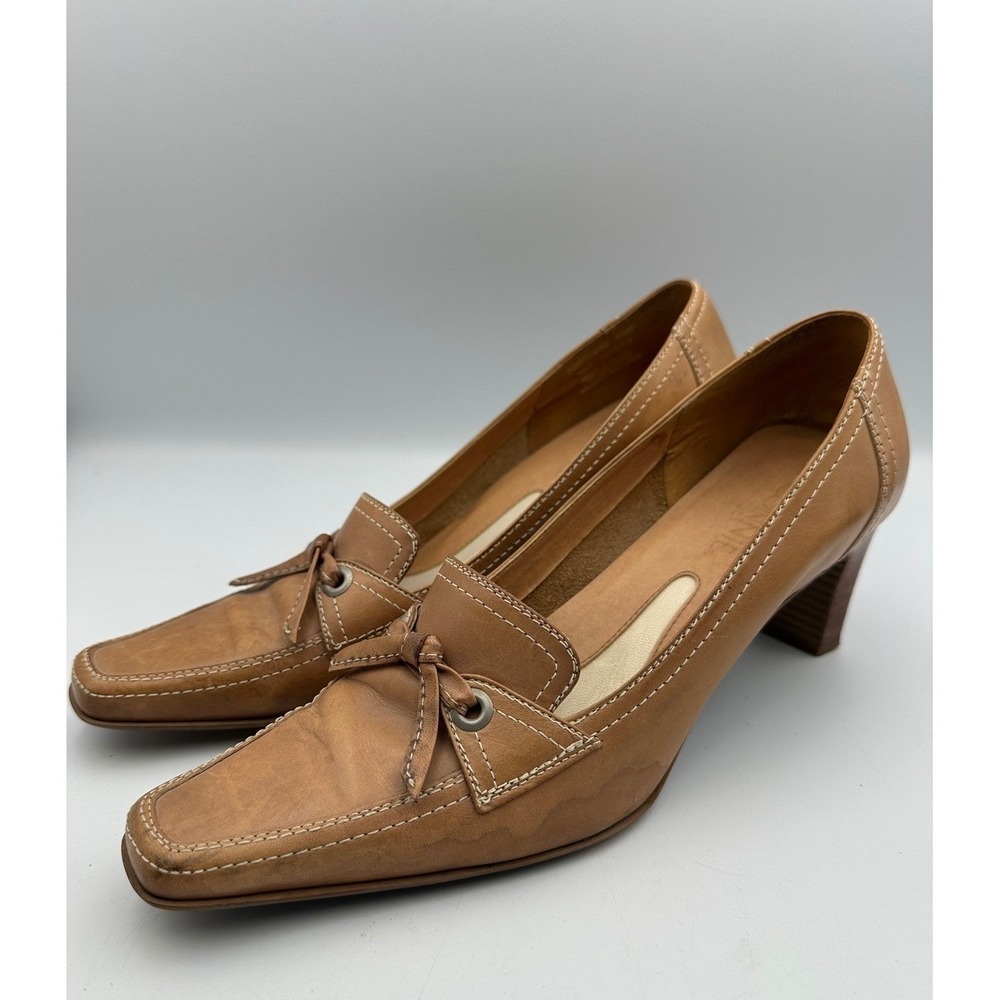 Connie Carthage Square Toe Leather Loafer Pumps 9.5M Block Heel Bow Preppy Boho
